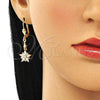 Oro Laminado Long Earring, Gold Filled Style Flower Design, with White Cubic Zirconia, Polished, Golden Finish, 02.213.0320