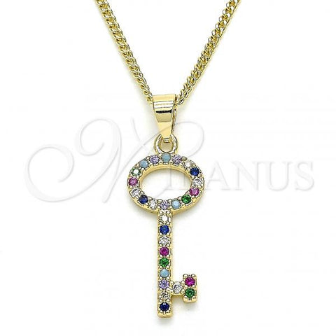 Oro Laminado Pendant Necklace, Gold Filled Style key Design, with Multicolor Micro Pave, Polished, Golden Finish, 04.344.0012.2.20