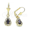 Oro Laminado Dangle Earring, Gold Filled Style Teardrop Design, with Amethyst and White Crystal, Polished, Golden Finish, 02.122.0116.7
