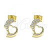 Oro Laminado Stud Earring, Gold Filled Style Dolphin and Heart Design, with White Micro Pave, Polished, Golden Finish, 02.344.0120