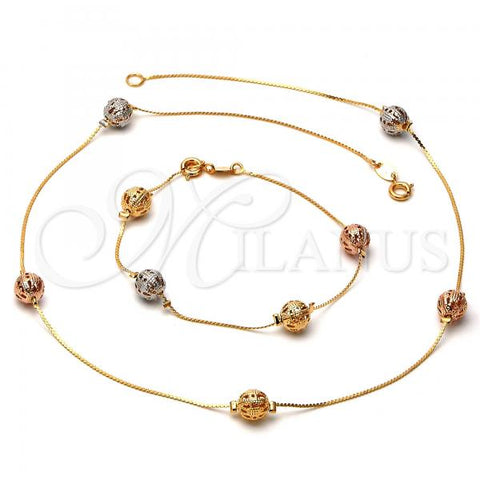 Oro Laminado Necklace and Bracelet, Gold Filled Style Ball Design, Tricolor, 5.010.001