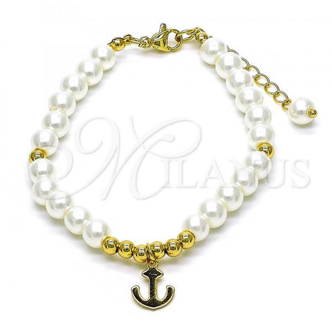 Oro Laminado Fancy Bracelet, Gold Filled Style Anchor and Ball Design, with Ivory Pearl, Polished, Golden Finish, 03.405.0015.07