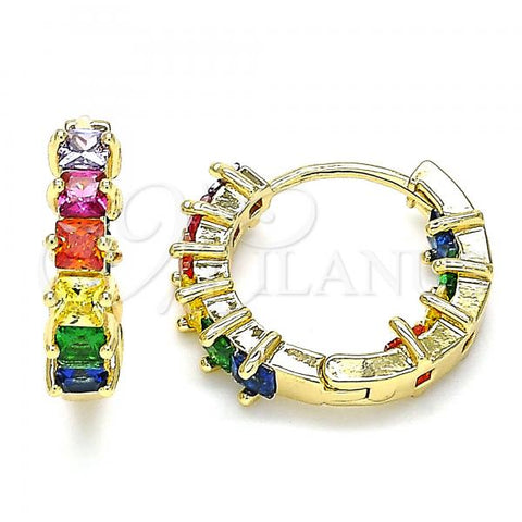 Oro Laminado Huggie Hoop, Gold Filled Style Baguette Design, with Multicolor Cubic Zirconia, Polished, Golden Finish, 02.210.0457.15