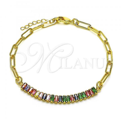 Oro Laminado Fancy Bracelet, Gold Filled Style Paperclip Design, with Multicolor Cubic Zirconia, Polished, Golden Finish, 03.130.0011.1.08
