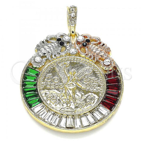 Oro Laminado Religious Pendant, Gold Filled Style Centenario Coin and Angel Design, with Garnet and Green Crystal, Polished, Tricolor, 05.380.0031.1