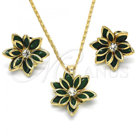 Oro Laminado Earring and Pendant Adult Set, Gold Filled Style Flower Design, with Green and White Crystal, Polished, Golden Finish, 10.64.0155.3