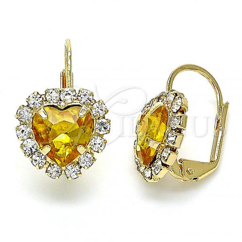 Oro Laminado Leverback Earring, Gold Filled Style Heart Design, with Dark Champagne and White Crystal, Polished, Golden Finish, 02.122.0111.7