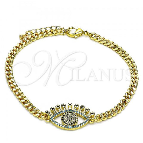 Oro Laminado Fancy Bracelet, Gold Filled Style Evil Eye Design, with Multicolor Micro Pave and Black Cubic Zirconia, Polished, Golden Finish, 03.368.0080.08