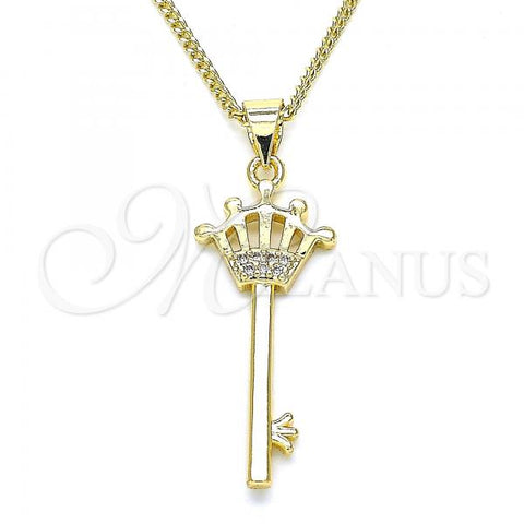 Oro Laminado Pendant Necklace, Gold Filled Style key and Crown Design, with White Micro Pave, Polished, Golden Finish, 04.344.0015.20