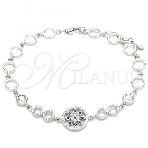 Sterling Silver Fancy Bracelet, Flower Design, with Sapphire Blue and White Cubic Zirconia, Polished, Rhodium Finish, 03.369.0002.07