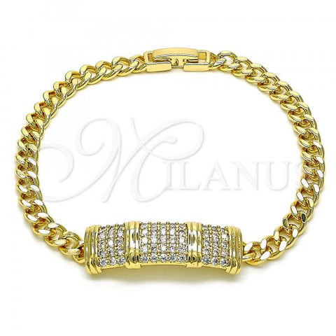 Oro Laminado Fancy Bracelet, Gold Filled Style Miami Cuban Design, with White Micro Pave, Polished, Golden Finish, 03.283.0271.08