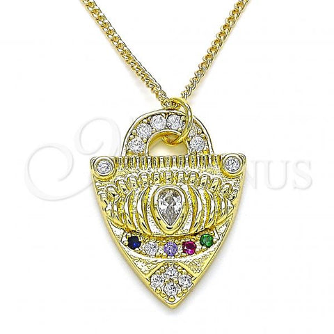 Oro Laminado Pendant Necklace, Gold Filled Style Lock and Evil Eye Design, with Multicolor Cubic Zirconia, Polished, Golden Finish, 04.381.0005.20