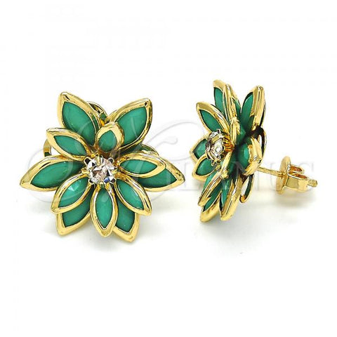 Oro Laminado Stud Earring, Gold Filled Style Flower Design, with Turquoise and White Crystal, Polished, Golden Finish, 02.64.0639