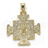 Oro Laminado Religious Pendant, Gold Filled Style San Benito and Flower Design, Polished, Golden Finish, 05.253.0064