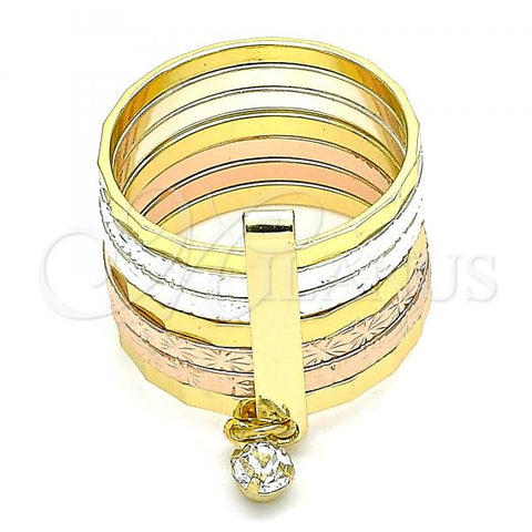 Oro Laminado Multi Stone Ring, Gold Filled Style Semanario Design, with White Crystal, Diamond Cutting Finish, Tricolor, 01.253.0040.08 (Size 8)