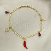 Oro Laminado Charm Anklet , Gold Filled Style Evil Eye and Hand of God Design, with Black Azavache, Polished, Golden Finish, 03.32.0597.10