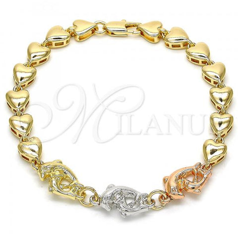 Oro Laminado Fancy Bracelet, Gold Filled Style Dolphin and Heart Design, Polished, Tricolor, 03.63.1885.1.07