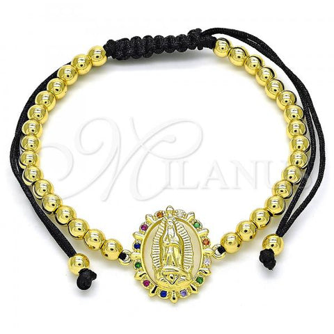 Oro Laminado Adjustable Bolo Bracelet, Gold Filled Style Guadalupe and Ball Design, with Multicolor Micro Pave, Polished, Golden Finish, 03.299.0074.11
