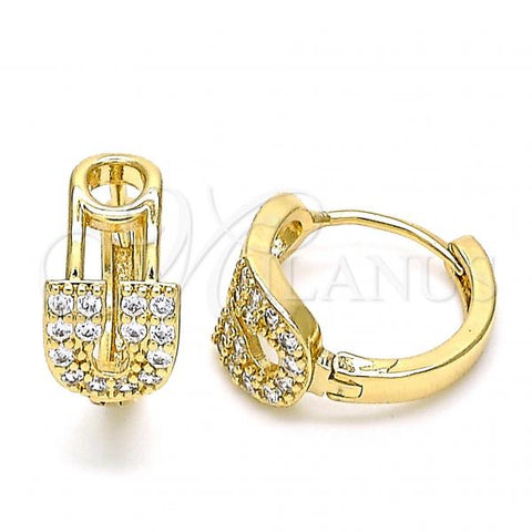 Oro Laminado Huggie Hoop, Gold Filled Style Paperclip Design, with White Cubic Zirconia, Polished, Golden Finish, 02.210.0526.15