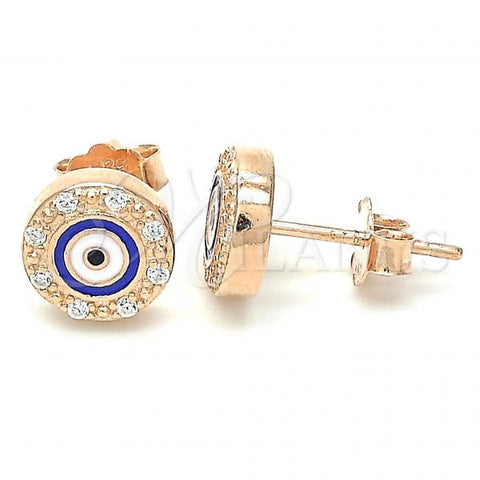 Sterling Silver Stud Earring, Evil Eye Design, with White Micro Pave, Blue Enamel Finish, Rose Gold Finish, 02.336.0151.1