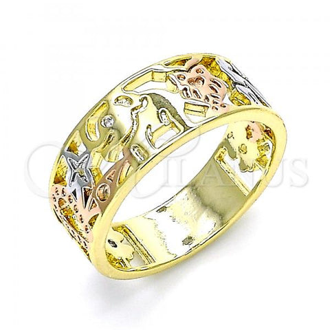 Oro Laminado Elegant Ring, Gold Filled Style Elephant and Owl Design, with White Cubic Zirconia, Polished, Tricolor, 01.253.0012.09