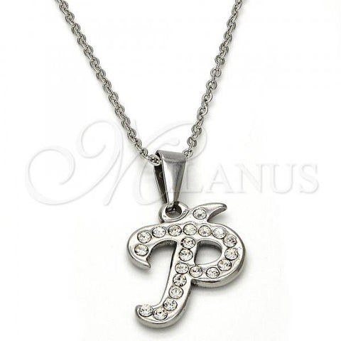 Stainless Steel Pendant Necklace, Initials and Rolo Design, with White Crystal, Polished, Steel Finish, 04.238.0025.18