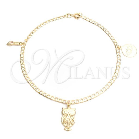 Oro Laminado Charm Anklet , Gold Filled Style Evil Eye and Figa Hand Design, Polished, Golden Finish, 03.58.0042.10