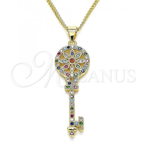 Oro Laminado Pendant Necklace, Gold Filled Style key and Flower Design, with Multicolor Micro Pave, Polished, Golden Finish, 04.344.0005.2.20