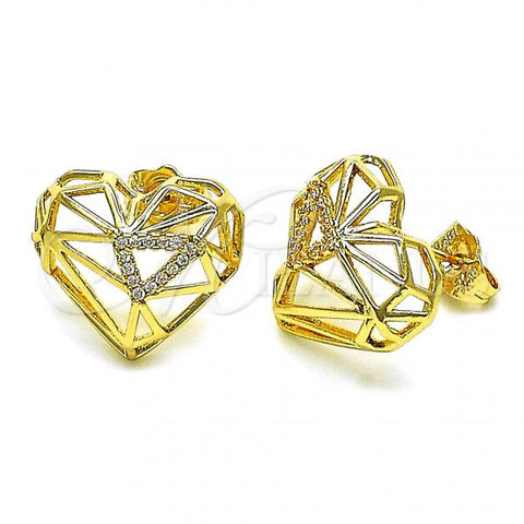 Oro Laminado Stud Earring, Gold Filled Style Heart Design, with White Micro Pave, Polished, Golden Finish, 02.156.0663