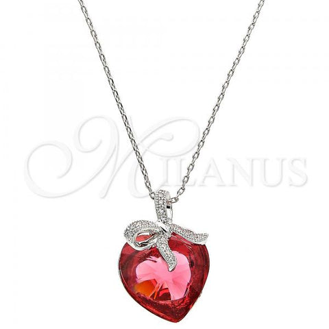 Rhodium Plated Pendant Necklace, Heart and Bow Design, with Padparadscha Swarovski Crystals and White Micro Pave, Polished, Rhodium Finish, 04.239.0007.3.16
