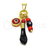 Oro Laminado Religious Pendant, Gold Filled Style Figa Hand and Evil Eye Design, Red Resin Finish, Golden Finish, 05.63.1166