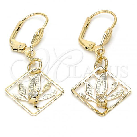 Oro Laminado Dangle Earring, Gold Filled Style Leaf Design, with White Crystal, Diamond Cutting Finish, Golden Finish, 81.009