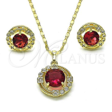Oro Laminado Earring and Pendant Adult Set, Gold Filled Style Cluster Design, with Ruby and White Cubic Zirconia, Diamond Cutting Finish, Golden Finish, 10.196.0151.1