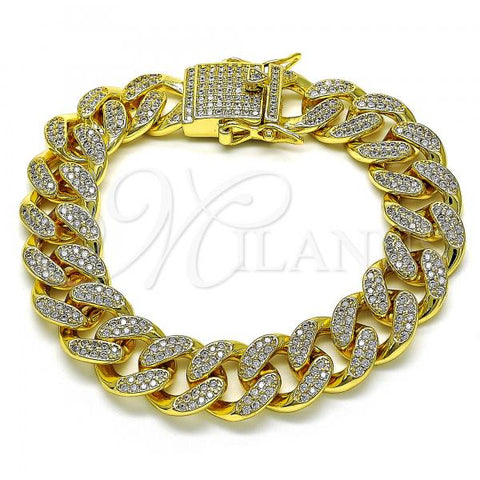 Oro Laminado Basic Bracelet, Gold Filled Style Miami Cuban Design, with White Micro Pave, Polished, Golden Finish, 04.373.0001.08