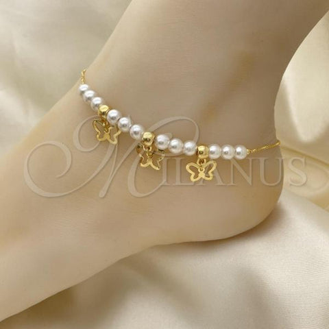 Oro Laminado Fancy Anklet, Gold Filled Style Butterfly and Ball Design, with Ivory Pearl, Polished, Golden Finish, 03.32.0634.10