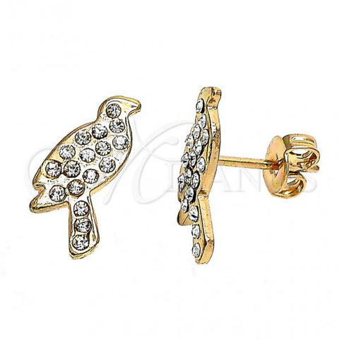 Oro Laminado Stud Earring, Gold Filled Style Bird Design, with White Crystal, Polished, Golden Finish, 02.59.0096