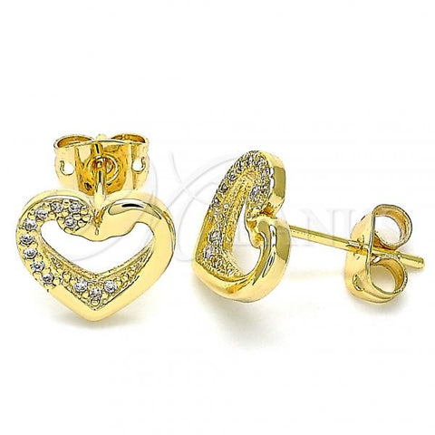 Oro Laminado Stud Earring, Gold Filled Style Heart and Swan Design, with White Micro Pave, Polished, Golden Finish, 02.342.0087