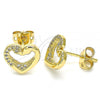 Oro Laminado Stud Earring, Gold Filled Style Heart and Swan Design, with White Micro Pave, Polished, Golden Finish, 02.342.0087