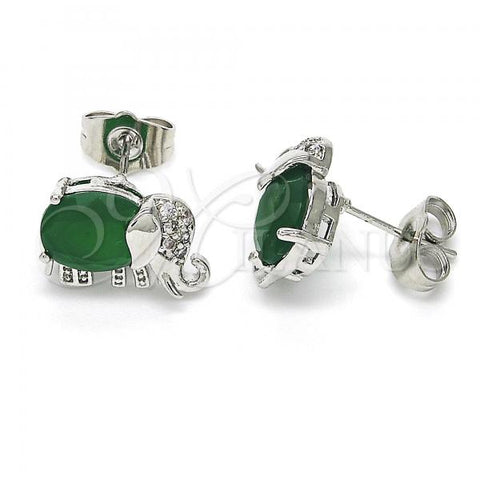 Rhodium Plated Stud Earring, Elephant Design, with Green and White Cubic Zirconia, Polished, Rhodium Finish, 02.210.0159.7