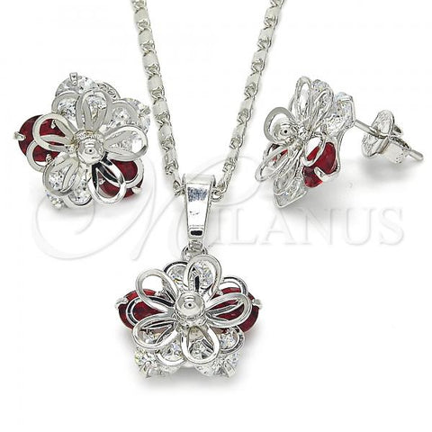 Rhodium Plated Earring and Pendant Adult Set, Flower Design, with Garnet and White Cubic Zirconia, Polished, Rhodium Finish, 10.106.0020.3