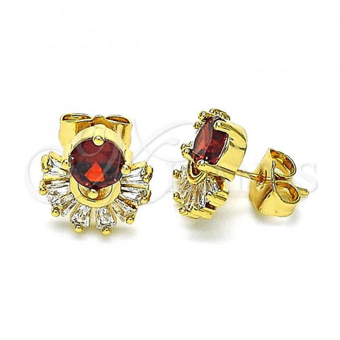 Oro Laminado Stud Earring, Gold Filled Style with Garnet and White Cubic Zirconia, Polished, Golden Finish, 02.387.0018.2