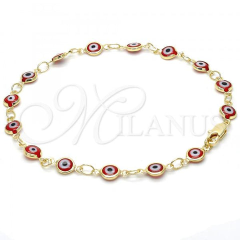 Oro Laminado Fancy Anklet, Gold Filled Style Evil Eye Design, Red Resin Finish, Golden Finish, 5.039.006.10