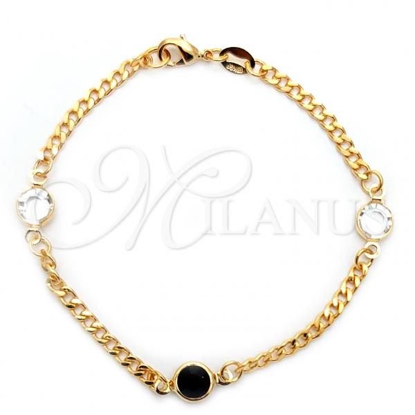 Oro Laminado Fancy Bracelet, Gold Filled Style Miami Cuban Design, with Black Azavache and White Crystal, Polished, Golden Finish, 03.32.0172.07