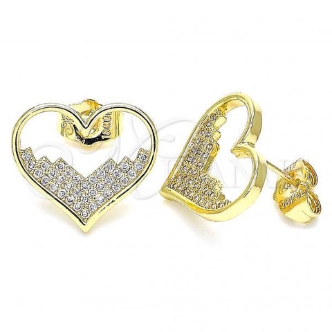 Oro Laminado Stud Earring, Gold Filled Style Heart Design, with White Micro Pave, Polished, Golden Finish, 02.156.0523