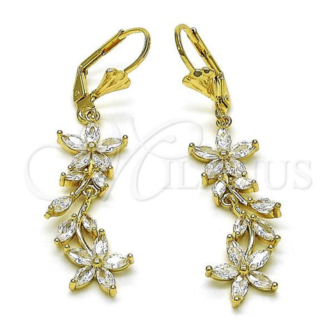 Oro Laminado Long Earring, Gold Filled Style Flower and Leaf Design, with White Cubic Zirconia, Polished, Golden Finish, 02.210.0837