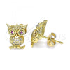 Oro Laminado Stud Earring, Gold Filled Style Owl Design, with White and Ruby Micro Pave, Polished, Golden Finish, 02.342.0171