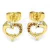Oro Laminado Stud Earring, Gold Filled Style Heart and Dolphin Design, with Garnet Micro Pave, Polished, Golden Finish, 02.344.0063.1