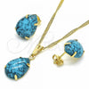 Oro Laminado Earring and Pendant Adult Set, Gold Filled Style Teardrop Design, with Turquoise Cubic Zirconia, Polished, Golden Finish, 10.09.0039.3.18