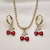 Oro Laminado Earring and Pendant Adult Set, Gold Filled Style Cherry Design, with White Micro Pave, Red Enamel Finish, Golden Finish, 10.282.0005