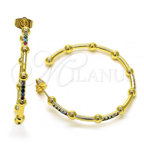 Oro Laminado Stud Earring, Gold Filled Style with Multicolor Micro Pave, Polished, Golden Finish, 02.210.0744.1